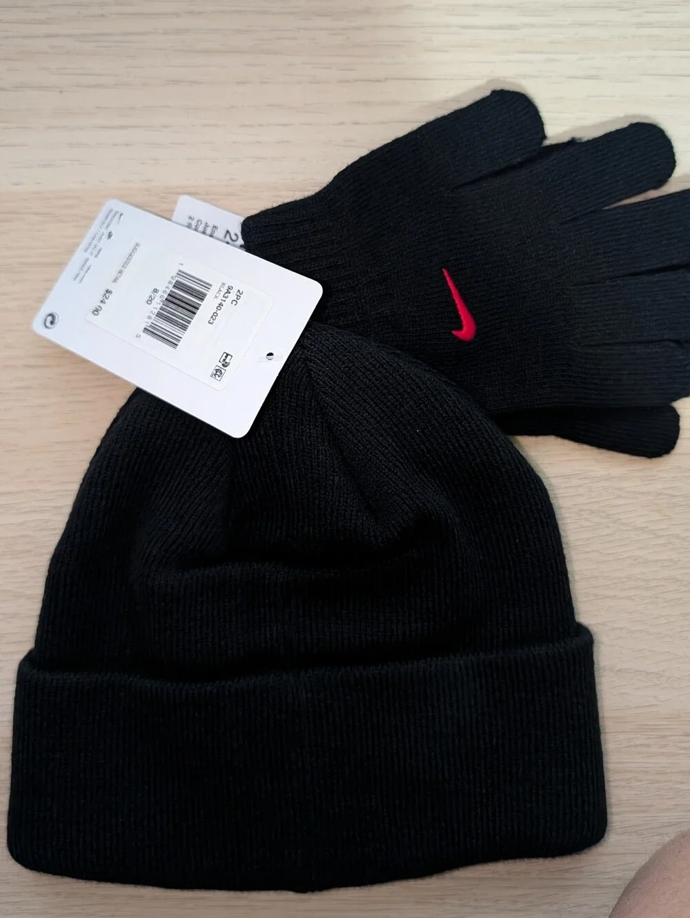 Nike Youth Black Beanie and Gloves Set with Red Accents